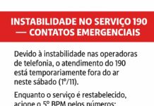 5º BPM informa instabilidade no serviço 190 e disponibiliza contatos emergenciais alternativos
