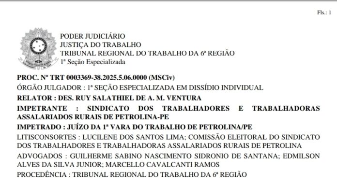 TRT-6 mantém suspensa a posse da chapa eleita no STTAR Petrolina e nega mandado de segurança do sindicato