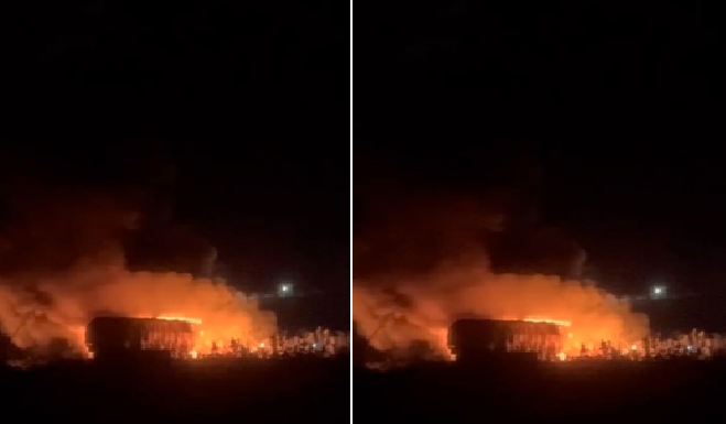 Carreta com carga de cimento pega fogo na BA 210 em Juazeiro