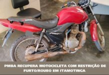 PMBA recupera motocicleta com restrição de furto/roubo em Itamotinga