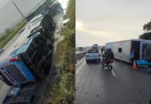 Ônibus sai da pista, tomba e deixa 16 feridos na BR-232 em Caruaru